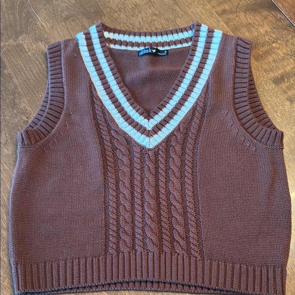 Nikka K Brown Brown V-Neck Cropped Cable Knit Sweater Vest BACK TO SCHOOL